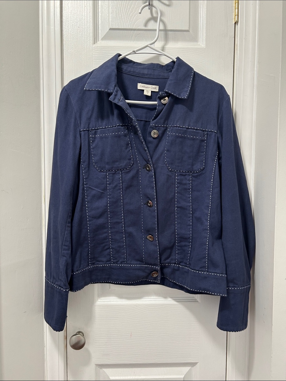 Coldwater Creek Navy Blue Button Front Jean Jacket with Contrast Stitching